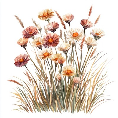 Small bouquet of Strawflowers in grass art illustration watercolor.