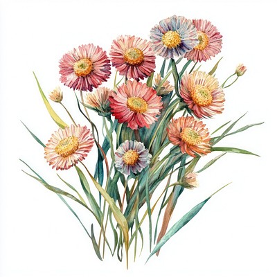 Small bouquet of Strawflowers in grass art illustration watercolor.