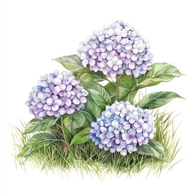 Small bush of Hydrangeas on grass art illustration watercolor.