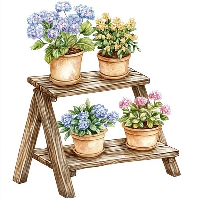 Wooden ladder flowers art illustration.