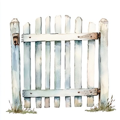 White wooden fence door illustration watercolor outdoors.