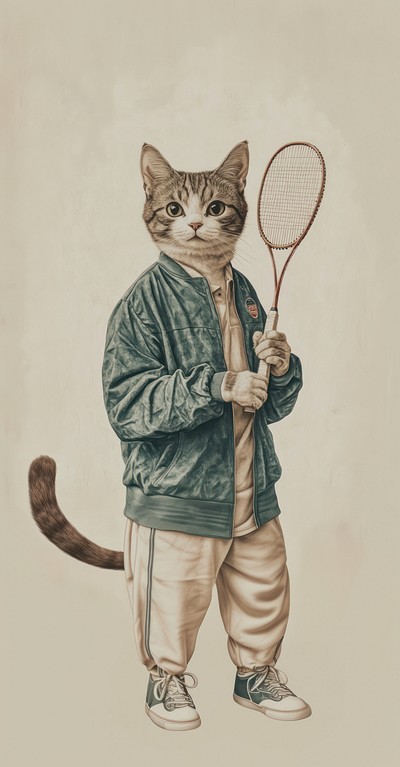 A cat costumes wearing badminton sports drawing racket tennis.