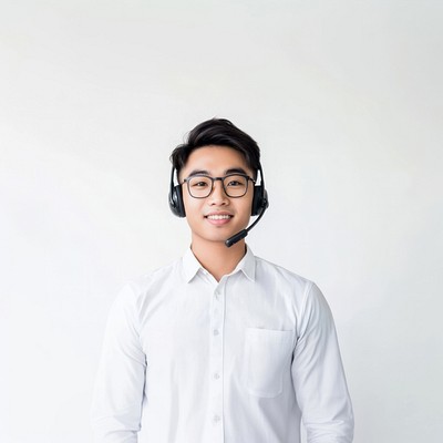 An asian man call center agent with headset background customer glasses.