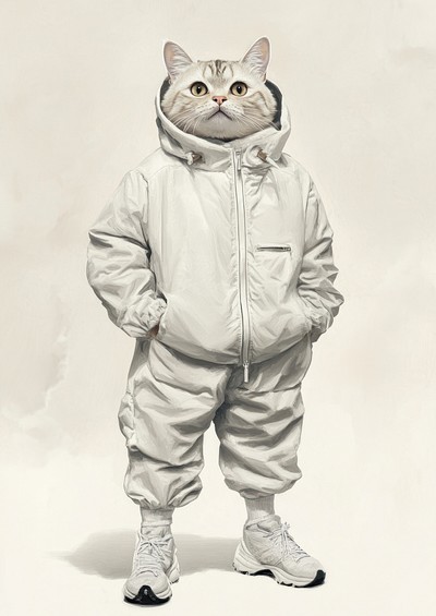 A chubby cat costumes wearing running suit animal hoodie human.