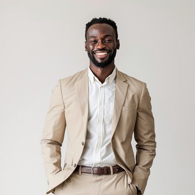 Confident professional in beige suit