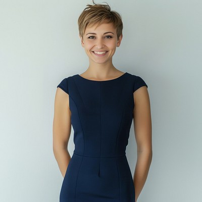 Smiling woman in blue dress