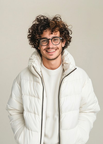 A happy young man with curly hair and glasses wearing a white puffer jacket photography smile accessories.