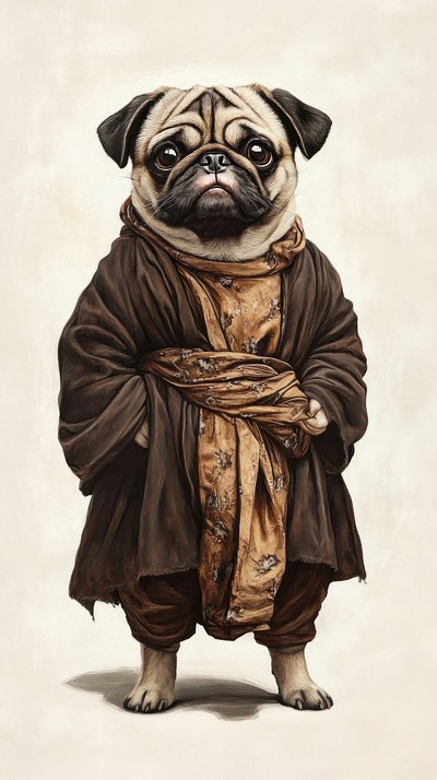 Pug costumes wearing wearing Mona Lisa clothing animal cute.