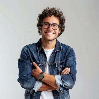 Smiling man wearing denim jacket