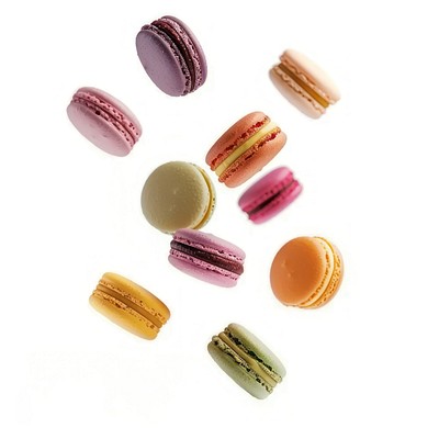 Colorful French macarons floating