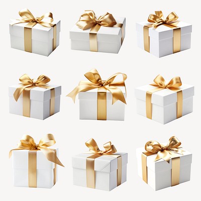 White gift box golden ribbon design element set