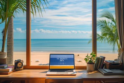 Tropical workspace laptop screen mockup psd