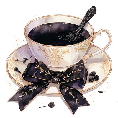 Black coquette tea illustration saucer spoon.