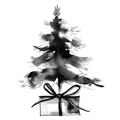 Christmas tree and gift box illustration black white.