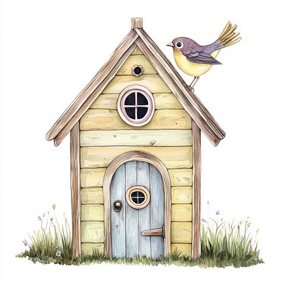 Birdhouse bird illustration watercolor.