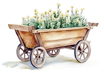 Garden Cart illustration watercolor flowers.