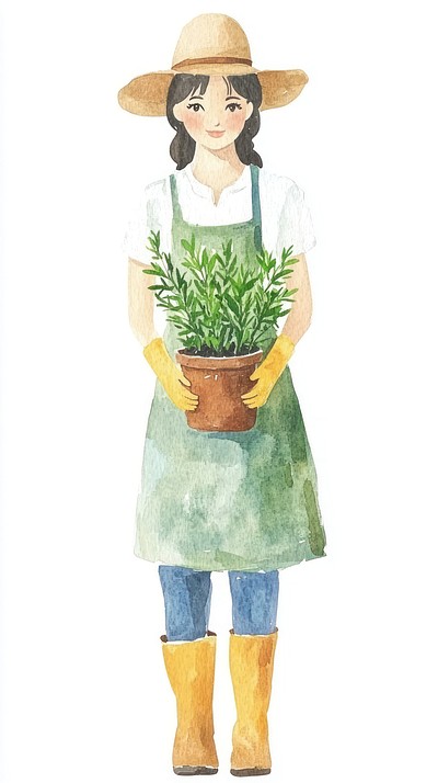 Woman gardener plant illustration watercolor.