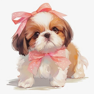 Coquette chubby Shih Tzu puppy illustration ribbon dog.