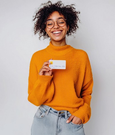 Woman holding credit card happy background sweater.