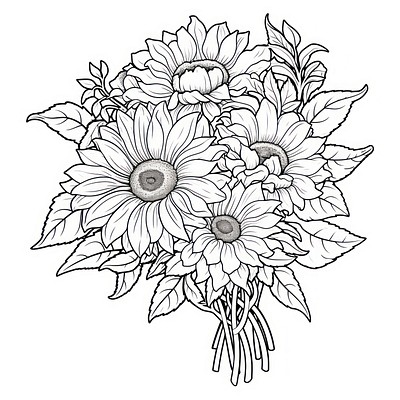 Sunflower bouquet line art illustration drawing flowers.