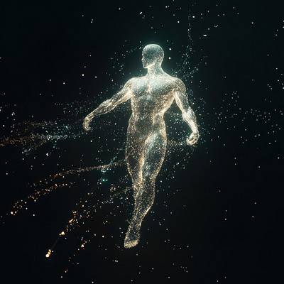 Holographic human figure art futuristic space.