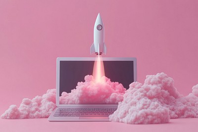 Laptop with a rocket illustration computer concept.