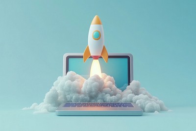 Laptop with a rocket illustration computer concept.