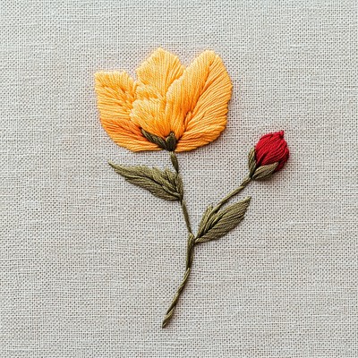 Autumn flower in embroidery style textile fabric craft.