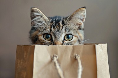 Cat peeking behind a shopping bag photography animal kitten.