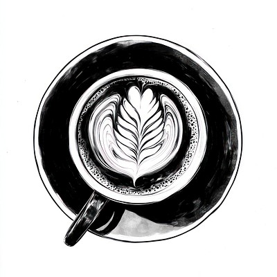 A top view of coffee cup with latte art beverage black white.