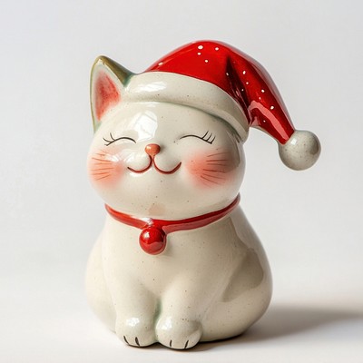 Ceramic cat wearing christmas hat figurine cute decoration.