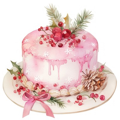 Christmas pink cake illustration watercolor christmas.