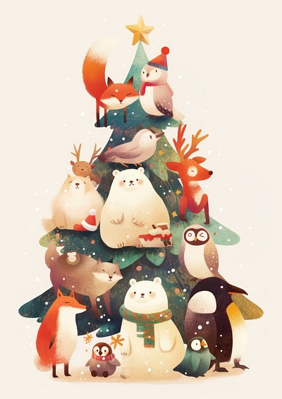 Cute animals christmas penguin illustration.