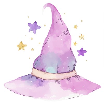 Witch hat illustration watercolor purple.