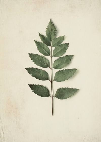 Real Pressed a single minimal rowan leaf green herbarium plant herbs.