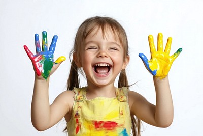 Girl child artist painting happy hands.