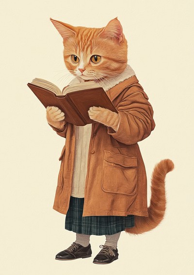 Cat reading a book animal vintage human.