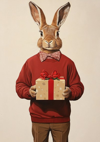 Hare holding christmas gift box animal human illustration.