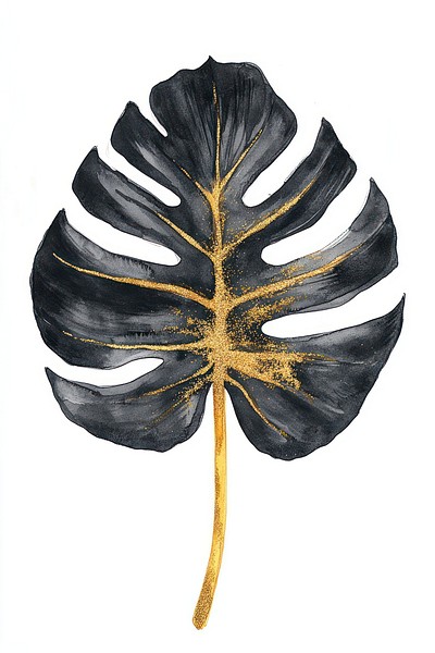 Charcoal black monstera leaf plant gold illustration.