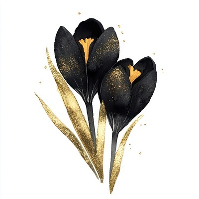 Obsidian black crocus flowers gold art.