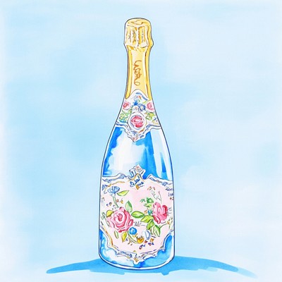 A champagne bottle illustration blue pink.