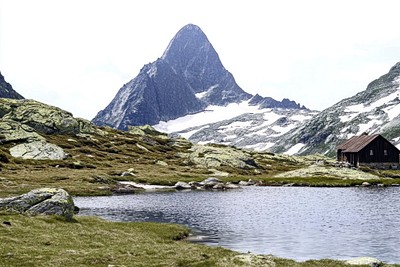 Photography of landscape mountain with lake on white sky outdoors scenery nature.