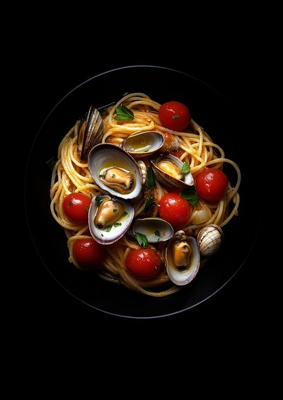 A spaghetti garlic with Clams and cherry tomato clams food background.