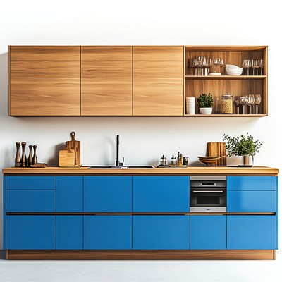 Blue modern cabinet kitchen cabinets minimalist appliances.