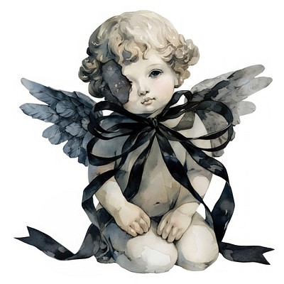 Coquette Black Kneeling cherub statue with a missing face illustration watercolor ribbon.