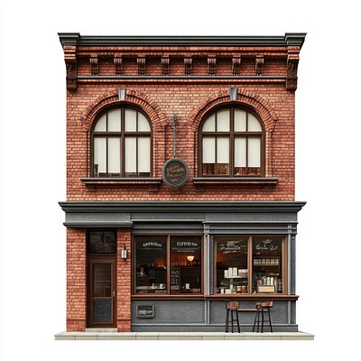 Brick coffee shop facade architecture windows arched.