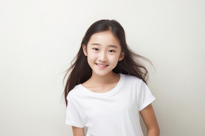 A young asian girl wearing a white T-shirt t-shirt smiling smile.