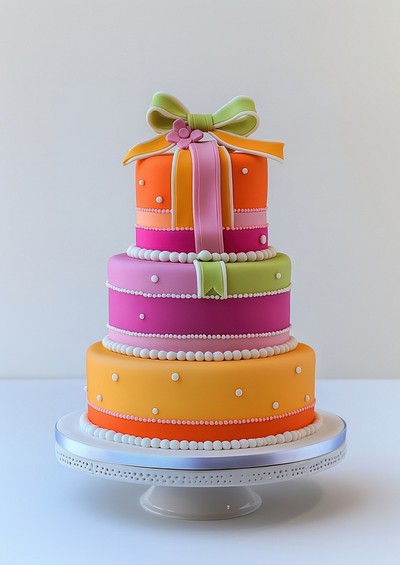 Three-tier fondant birthday cake multicolored celebration decorative.