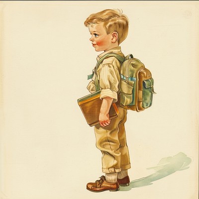 Vintage illustration of cute boy student child art nostalgic.