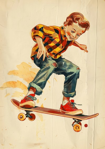 Vintage illustration of cute boy Riding a skateboard style art skateboarding.